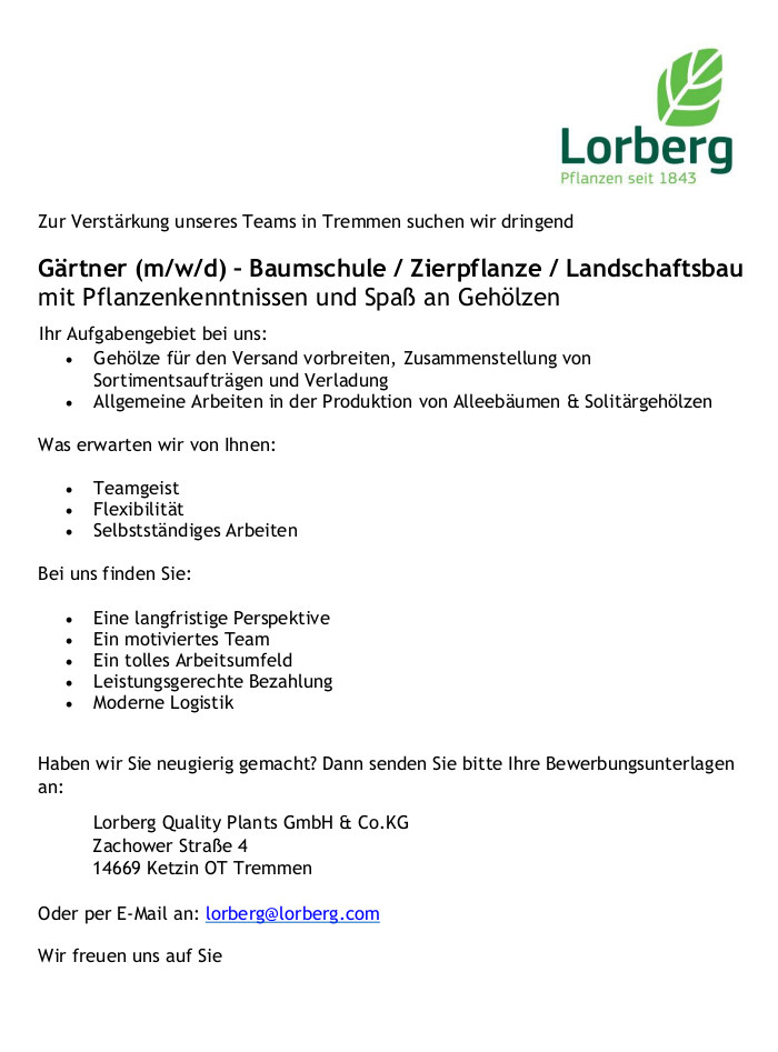 Stellenanzeige Baumschule Lorberg