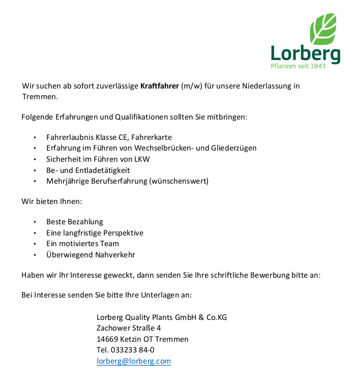 Stellenanzeige Baumschule Lorberg
